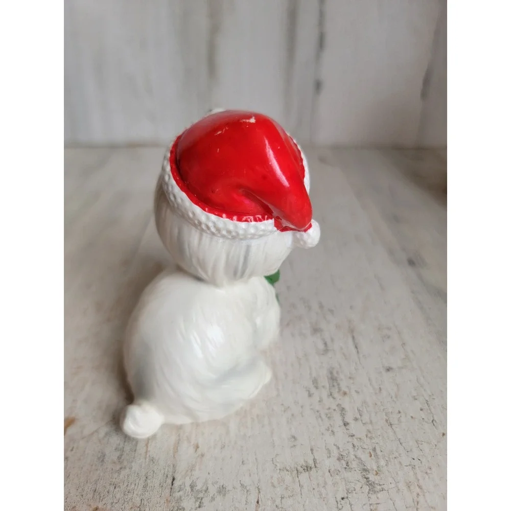 Lefton vintage white Maltese dog puppy Xmas mistletoe Santa hat figure
